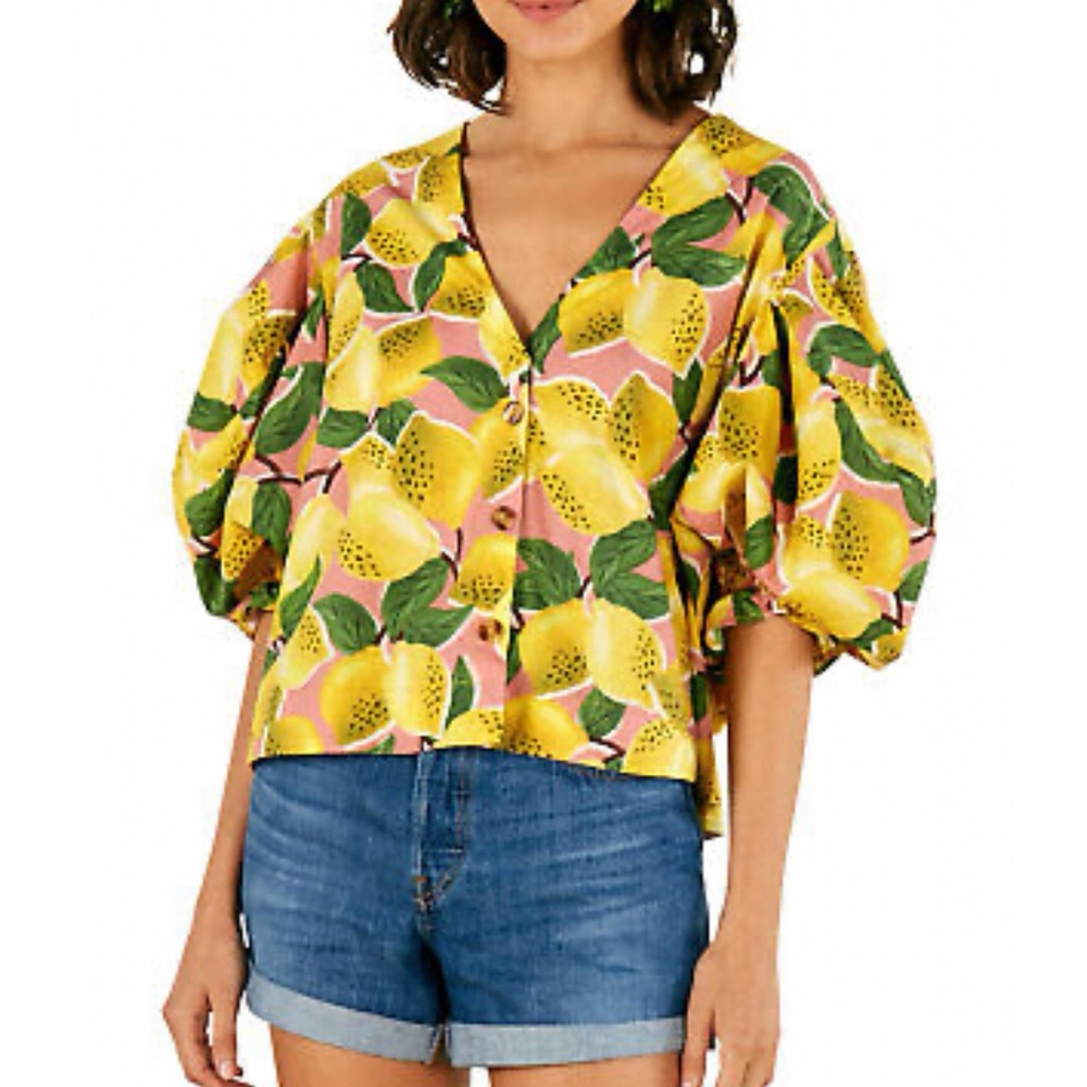 FARM RIO FRESH LEMONS PUFF SLEEVE SHIRT yellow green print balloon button up top - Picture 3 of 10
